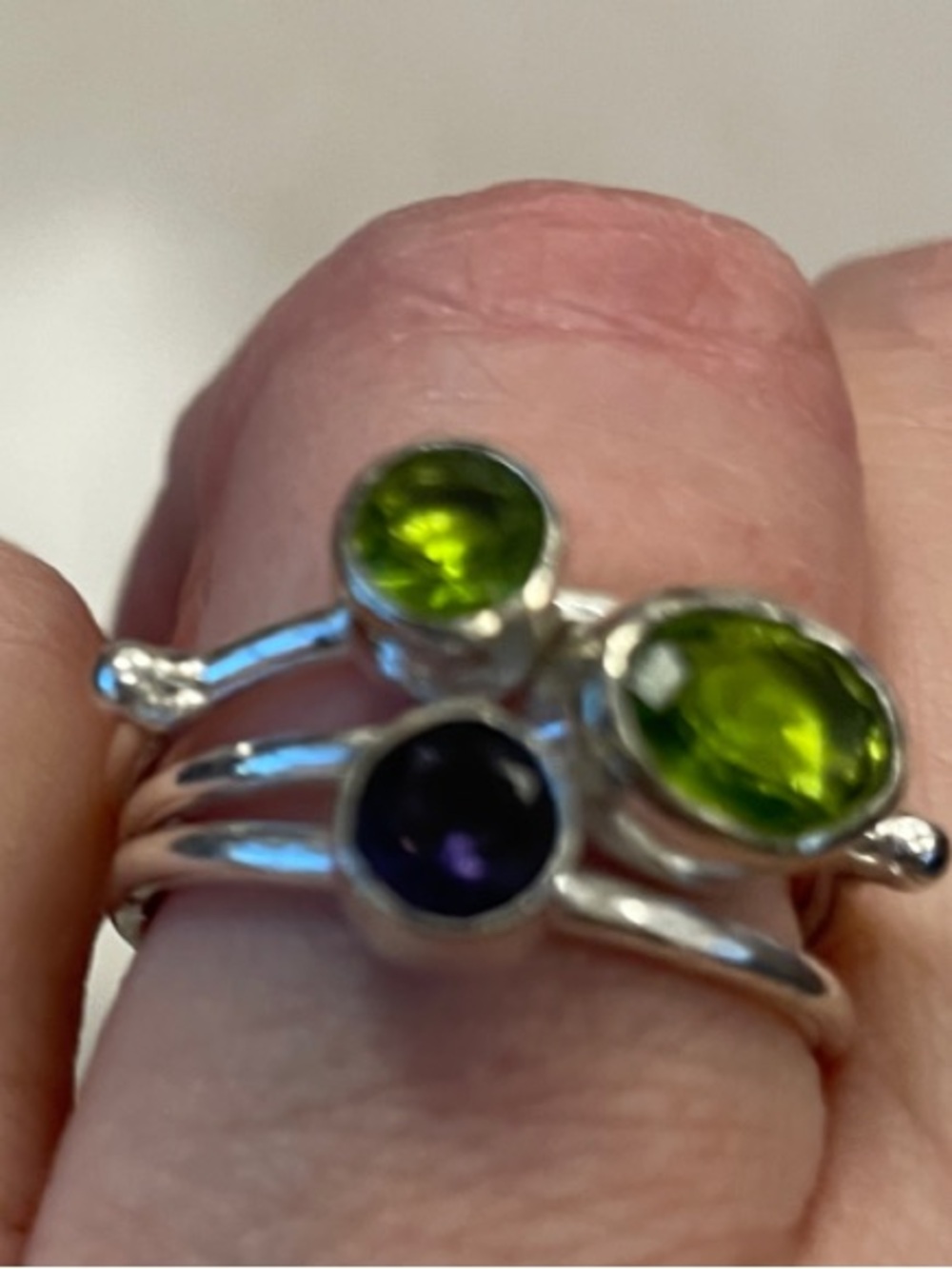 Sterling Silver Trio Gemstone Stack Ring in Green and Purple - Picture 3 of 8